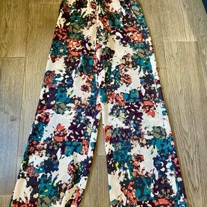 BCBGMaxAzria Cream Wide-Leg Pants with Teal, Coral & Navy Abstract Print NWT